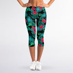 Turquoise Hawaiian Palm Leaves Print Women's Capri Leggings
