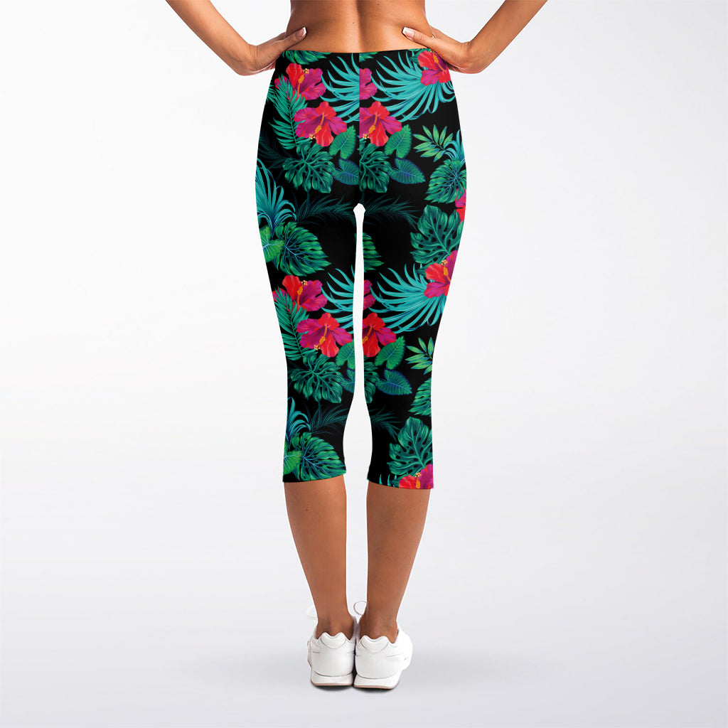 Turquoise Hawaiian Palm Leaves Print Women's Capri Leggings