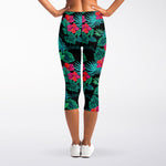 Turquoise Hawaiian Palm Leaves Print Women's Capri Leggings