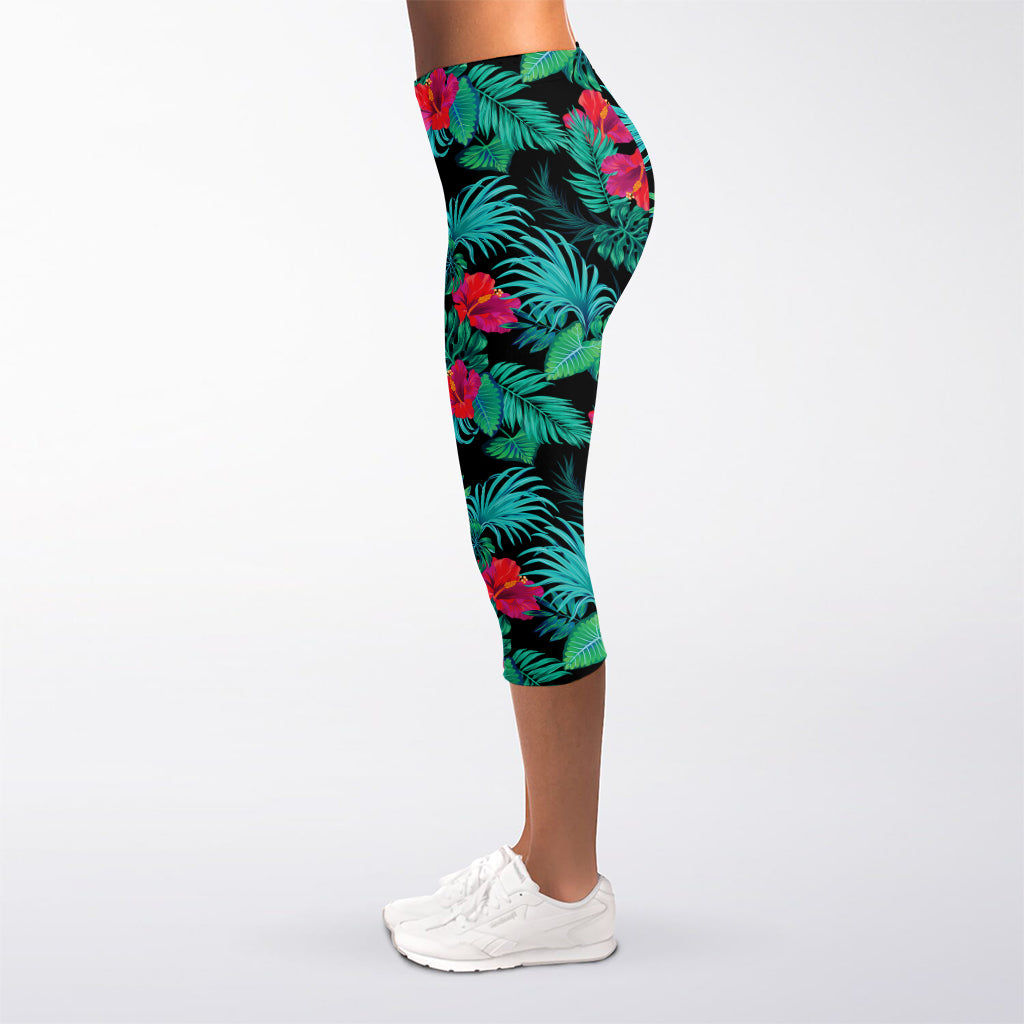 Turquoise Hawaiian Palm Leaves Print Women's Capri Leggings