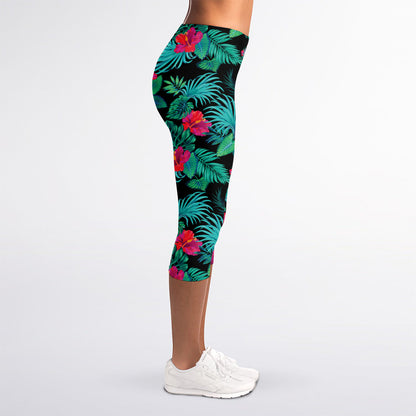 Turquoise Hawaiian Palm Leaves Print Women's Capri Leggings