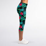 Turquoise Hawaiian Palm Leaves Print Women's Capri Leggings