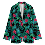 Turquoise Hawaiian Palm Leaves Print Women's Cotton Blazer