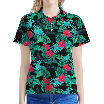 Turquoise Hawaiian Palm Leaves Print Women's Polo Shirt