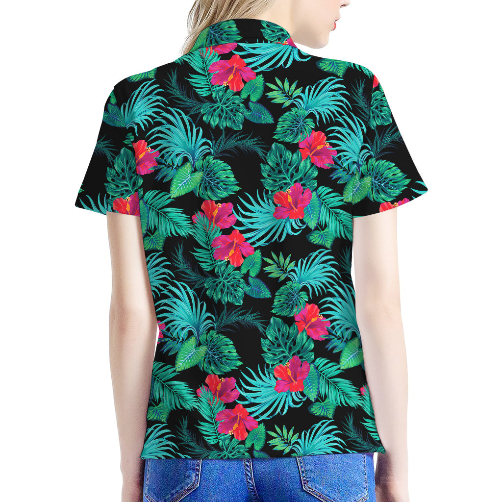 Turquoise Hawaiian Palm Leaves Print Women's Polo Shirt