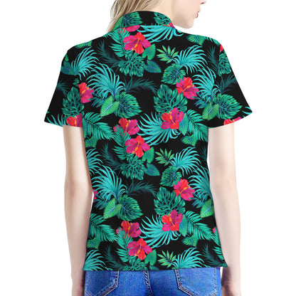 Turquoise Hawaiian Palm Leaves Print Women's Polo Shirt