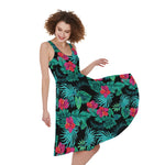 Turquoise Hawaiian Palm Leaves Print Women's Sleeveless Dress