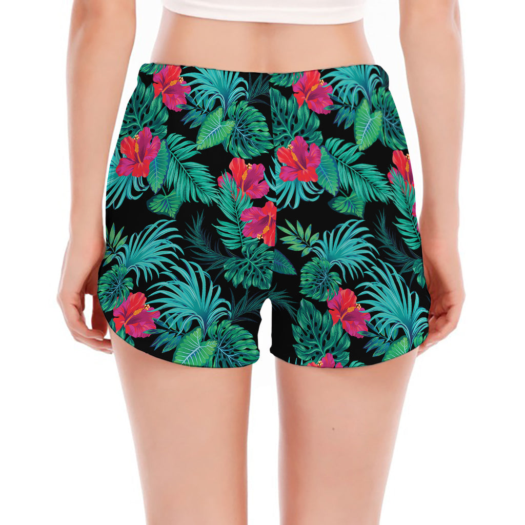 Turquoise Hawaiian Palm Leaves Print Women's Split Running Shorts