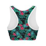Turquoise Hawaiian Palm Leaves Print Women's Sports Bra