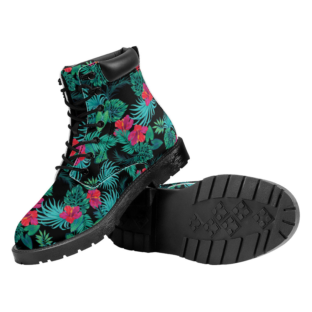 Turquoise Hawaiian Palm Leaves Print Work Boots