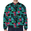 Turquoise Hawaiian Palm Leaves Print Zip Sleeve Bomber Jacket