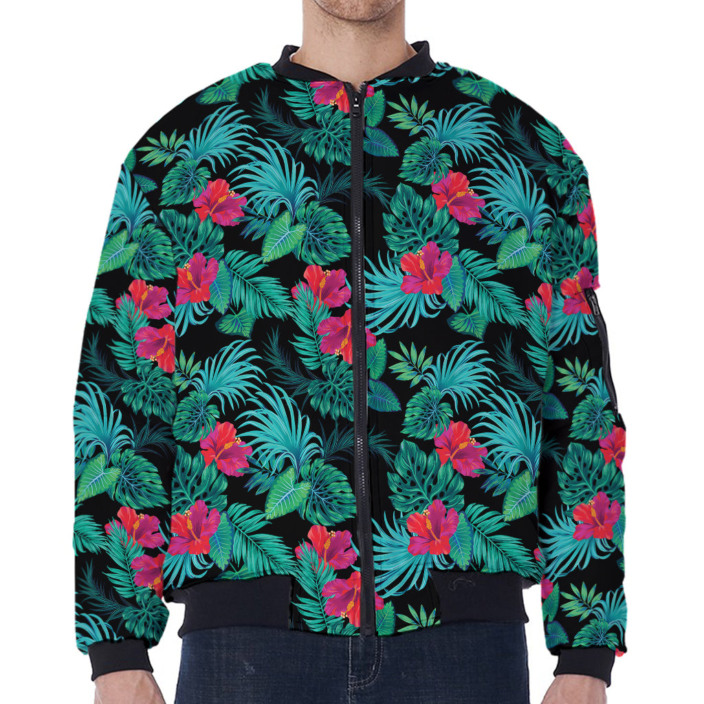 Turquoise Hawaiian Palm Leaves Print Zip Sleeve Bomber Jacket