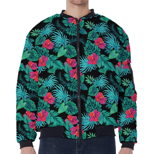 Turquoise Hawaiian Palm Leaves Print Zip Sleeve Bomber Jacket