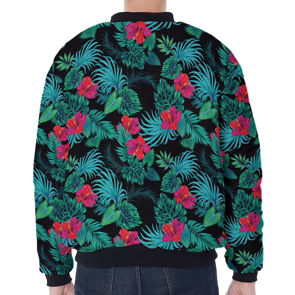 Turquoise Hawaiian Palm Leaves Print Zip Sleeve Bomber Jacket