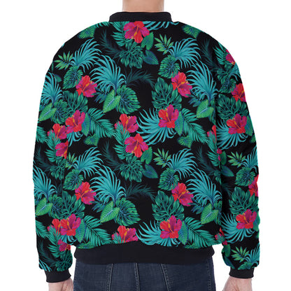 Turquoise Hawaiian Palm Leaves Print Zip Sleeve Bomber Jacket