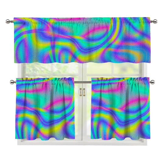 Turquoise Holographic Trippy Print 3 Piece Kitchen Curtains