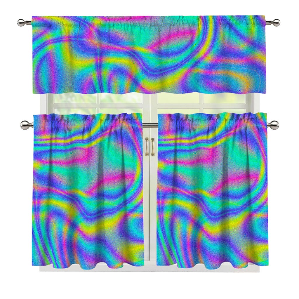 Turquoise Holographic Trippy Print 3 Piece Kitchen Curtains