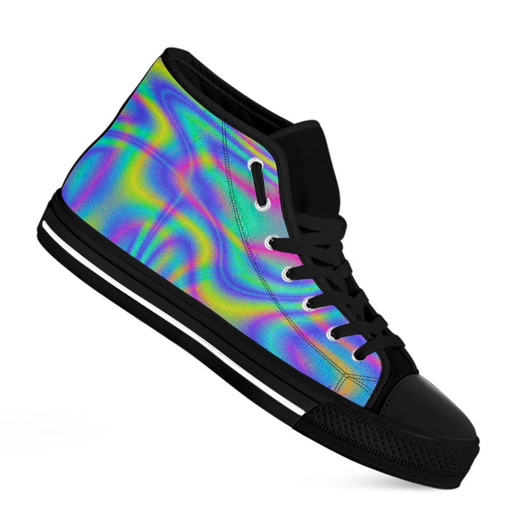 Turquoise Holographic Trippy Print Black High Top Sneakers