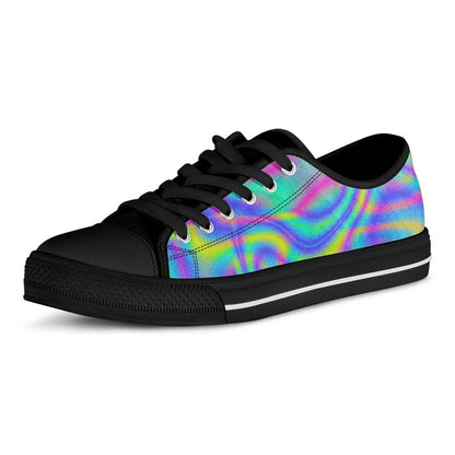 Turquoise Holographic Trippy Print Black Low Top Sneakers