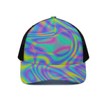 Turquoise Holographic Trippy Print Black Mesh Trucker Cap