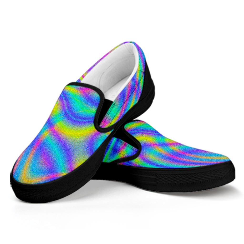 Turquoise Holographic Trippy Print Black Slip On Sneakers