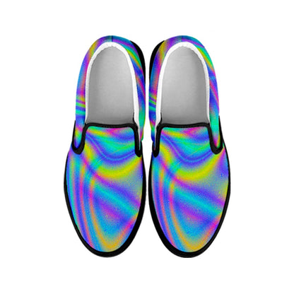 Turquoise Holographic Trippy Print Black Slip On Sneakers