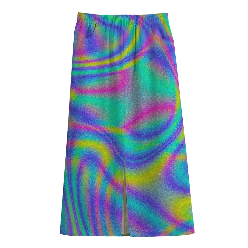 Turquoise Holographic Trippy Print Cotton Front Slit Maxi Skirt