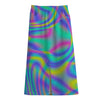 Turquoise Holographic Trippy Print Cotton Front Slit Maxi Skirt