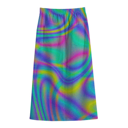 Turquoise Holographic Trippy Print Cotton Front Slit Maxi Skirt