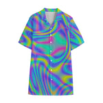Turquoise Holographic Trippy Print Cotton Hawaiian Shirt