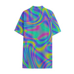 Turquoise Holographic Trippy Print Cotton Hawaiian Shirt