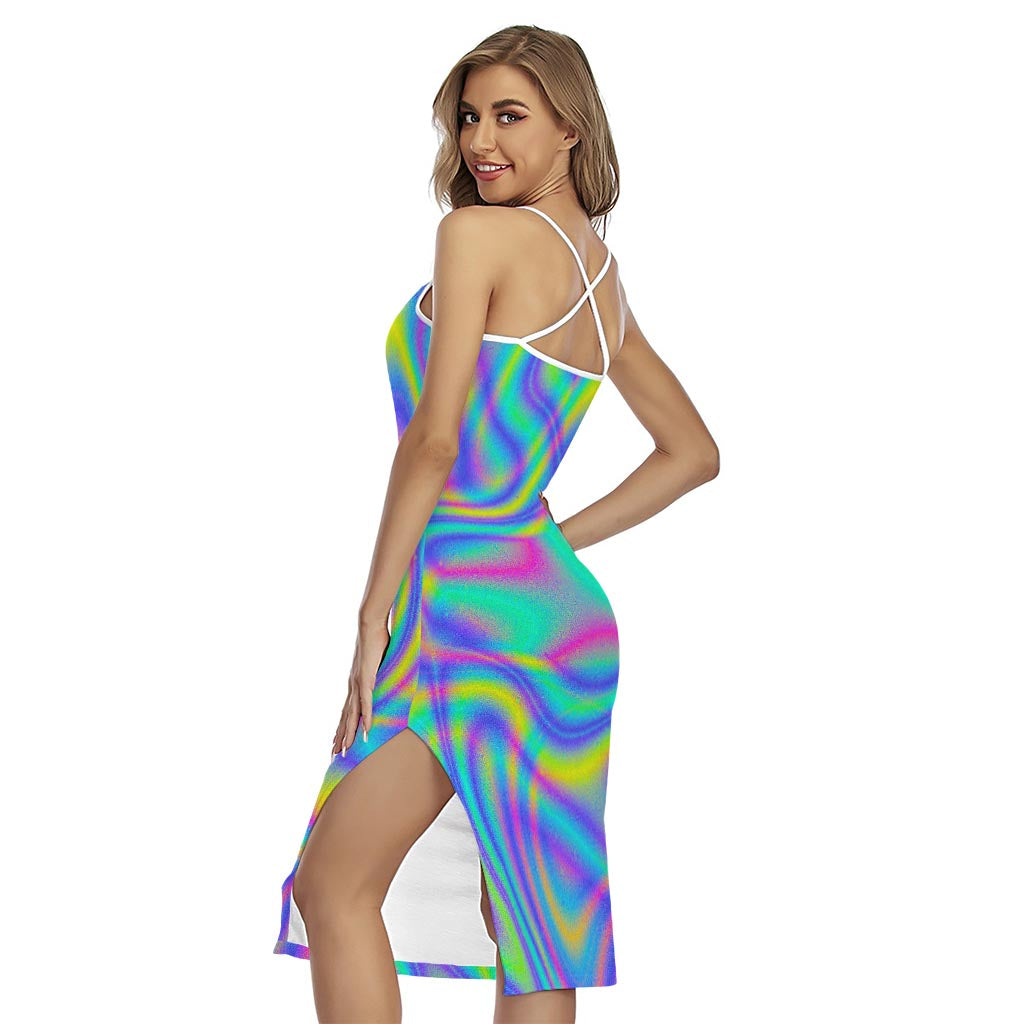 Turquoise Holographic Trippy Print Cross Back Cami Dress