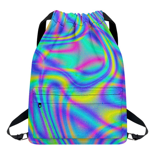 Turquoise Holographic Trippy Print Drawstring Backpack