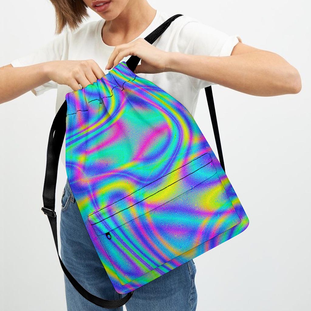 Turquoise Holographic Trippy Print Drawstring Backpack
