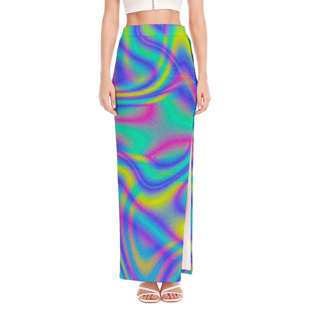 Turquoise Holographic Trippy Print High Slit Maxi Skirt