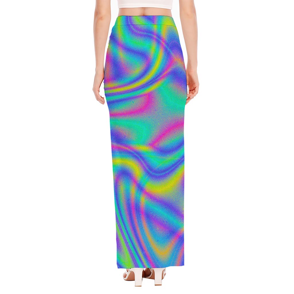 Turquoise Holographic Trippy Print High Slit Maxi Skirt