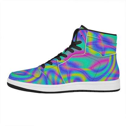 Turquoise Holographic Trippy Print High Top Leather Sneakers