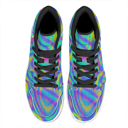 Turquoise Holographic Trippy Print High Top Leather Sneakers