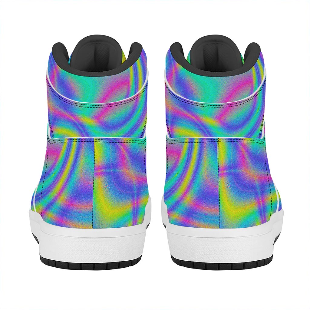 Turquoise Holographic Trippy Print High Top Leather Sneakers