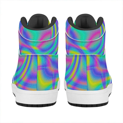 Turquoise Holographic Trippy Print High Top Leather Sneakers