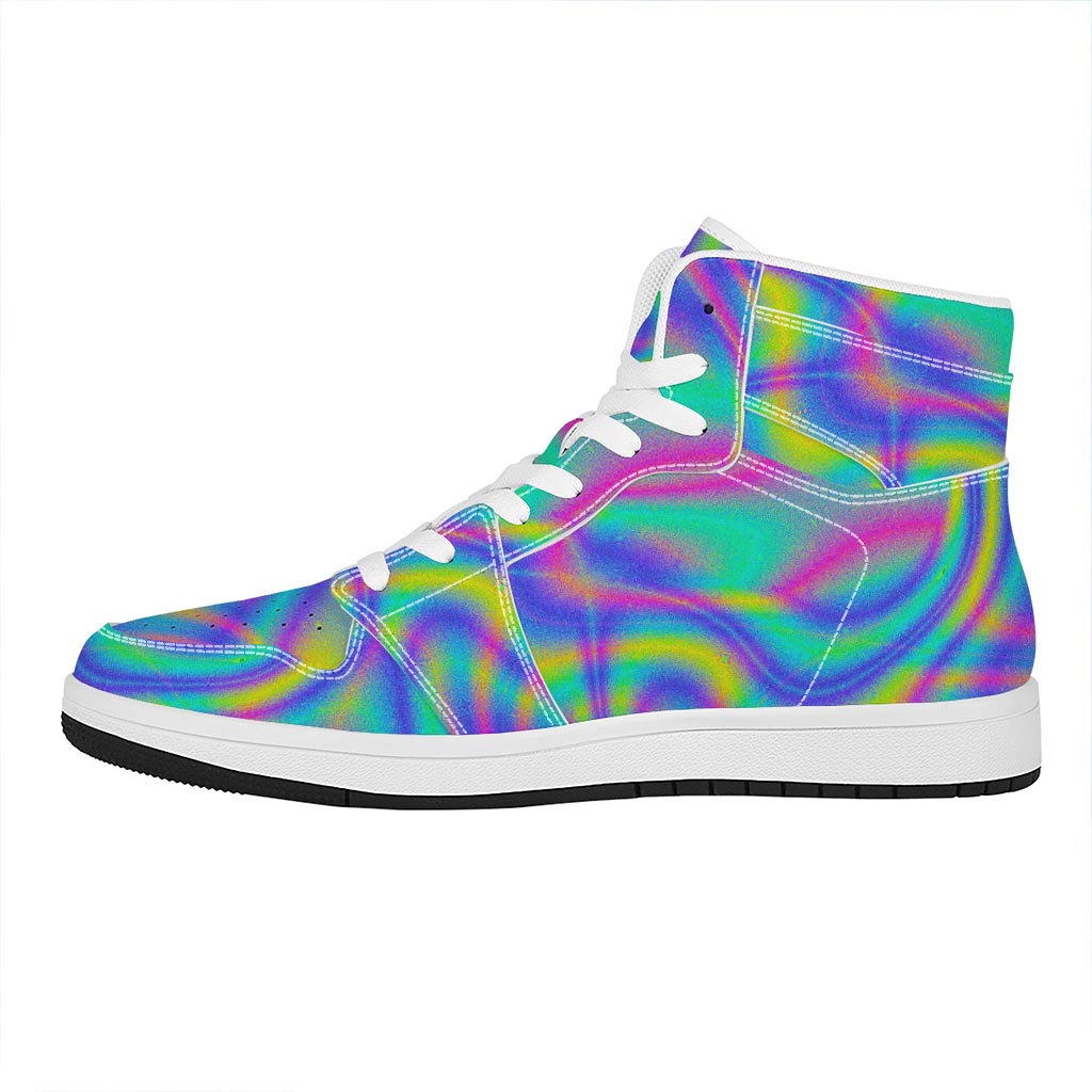 Turquoise Holographic Trippy Print High Top Leather Sneakers