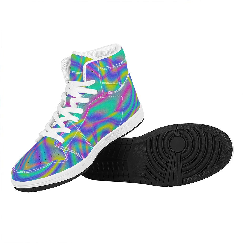Turquoise Holographic Trippy Print High Top Leather Sneakers