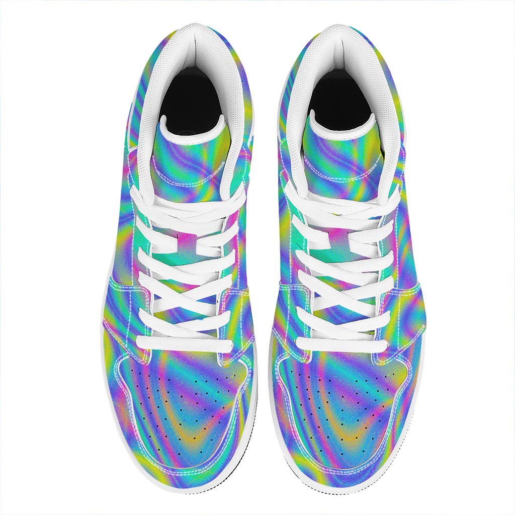 Turquoise Holographic Trippy Print High Top Leather Sneakers
