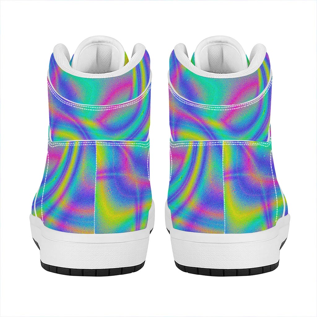 Turquoise Holographic Trippy Print High Top Leather Sneakers