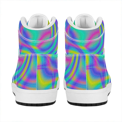 Turquoise Holographic Trippy Print High Top Leather Sneakers