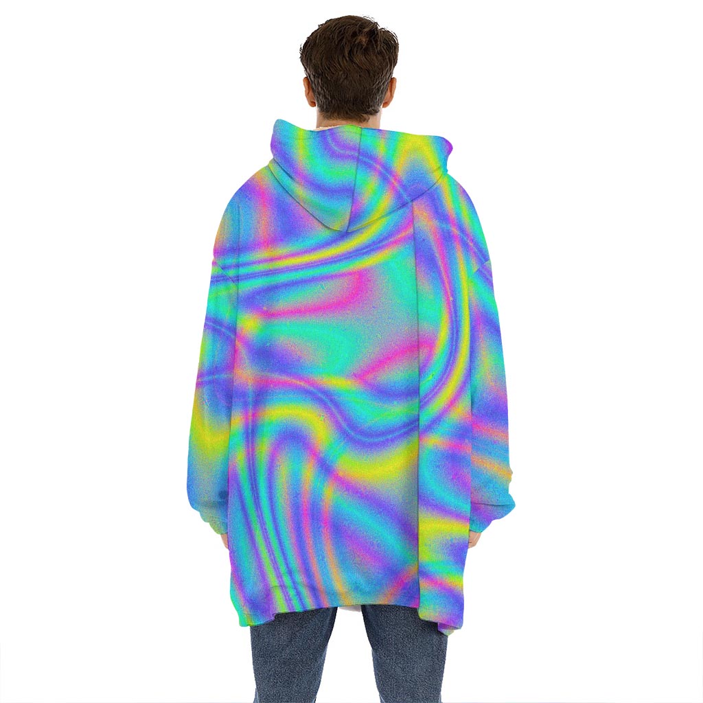 Turquoise Holographic Trippy Print Hoodie Blanket