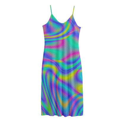 Turquoise Holographic Trippy Print Jersey Midi Cami Dress