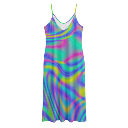 Turquoise Holographic Trippy Print Jersey Midi Cami Dress