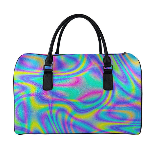 Turquoise Holographic Trippy Print Leather Duffle Bag