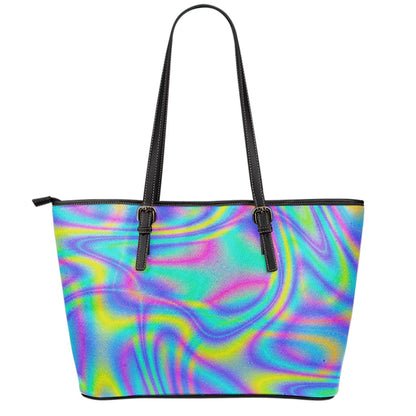 Turquoise Holographic Trippy Print Leather Tote Bag